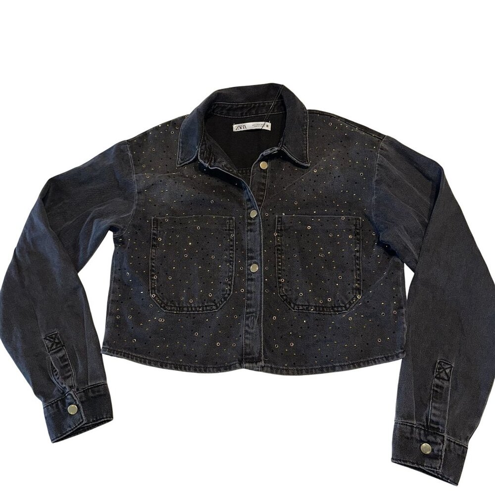 NWT Zara Black Denim 100% Cotton Embellished Crop Jacket Women's Small S
